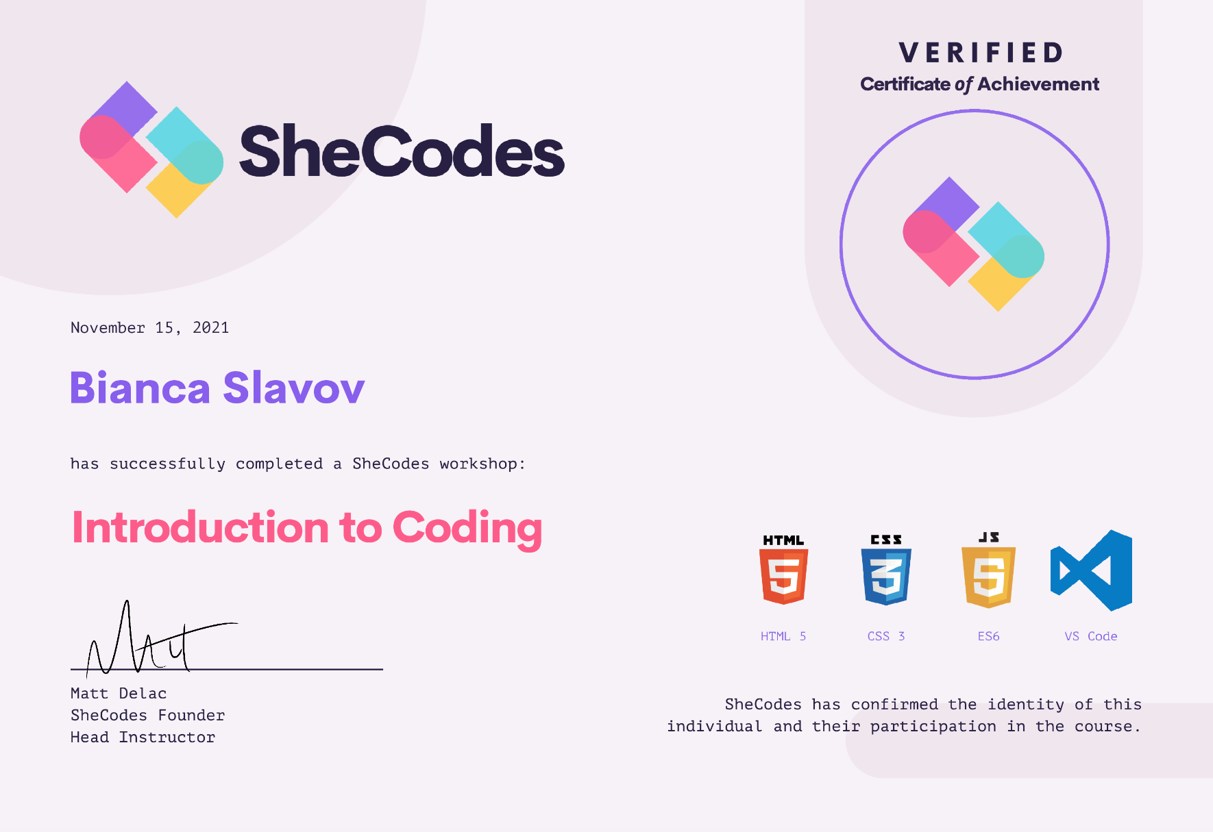 SheCodes Basics certificate